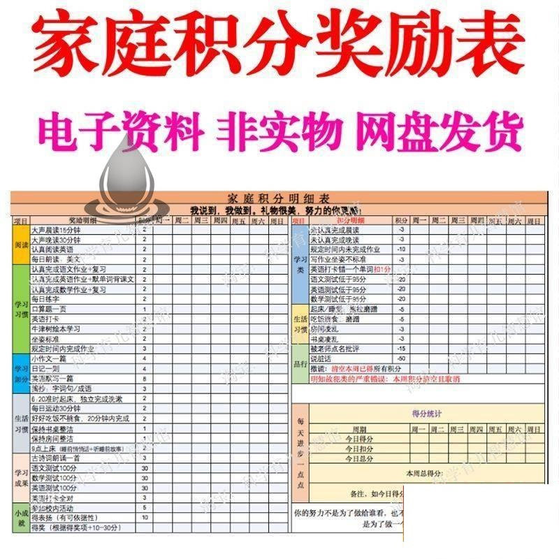 B267家庭积分奖励儿童惩罚积分表小学生儿童自律表可打印电子模板-优资源网